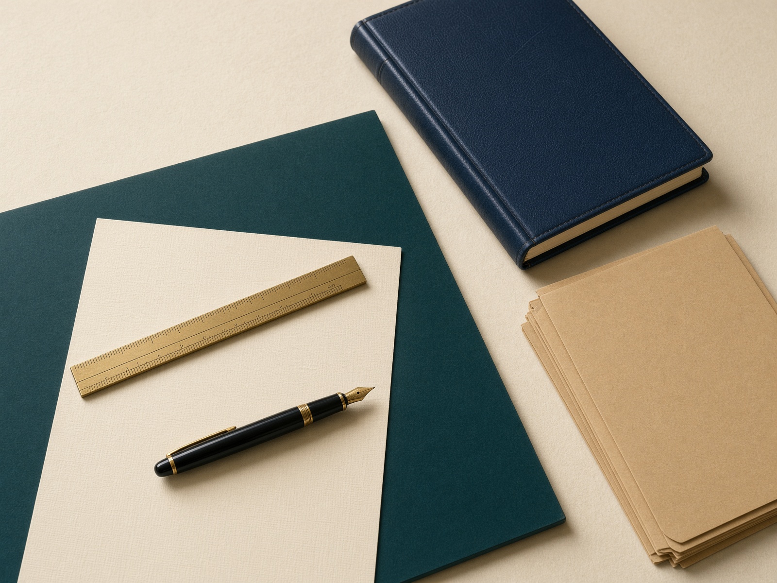 Still life of a navy ledger, cream paper and a fountain pen on a desk.
