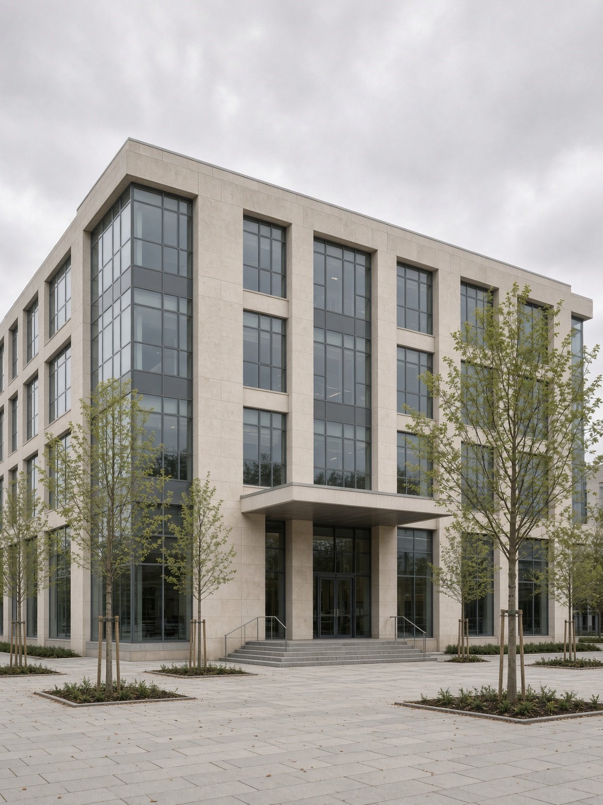 A new commercial office building in pale stone and glass, photographed in daylight.